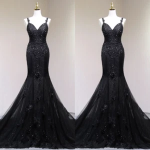 Gothic Black Wedding Dresses Sleeveless Mermaid SweepTrain Vintage Bridal Gowns - Picture 1 of 14