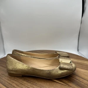 Tory Burch Chase Nappa Leather Metallic Gold Flats Logo Designer Women's 5M - Picture 1 of 10