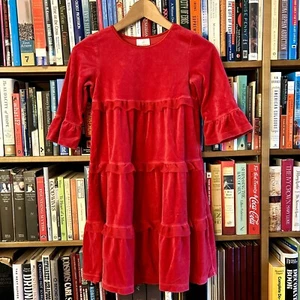 Hanna Andersson Red Velour 3 Tiered Twirl Half Sleeve Holiday Dress 8 EU 130 - Picture 1 of 7