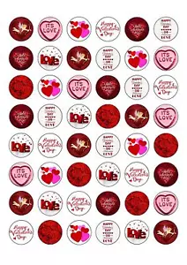 48 Round Valentines Day Love Themed Edible Wafer Paper Cupcake Cake Toppers