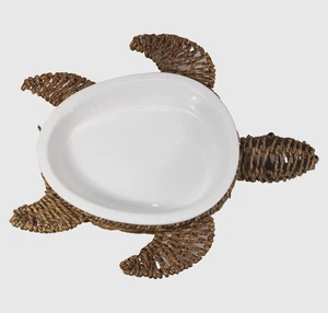 Plato de servir de gres para tortuga de mimbre Pier 1 tortuga marina vintage 14,5" de largo - Imagen 1 de 10