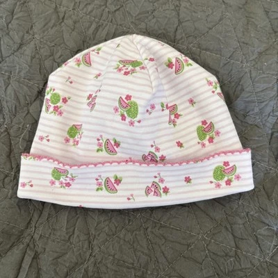 Sombrero pequeño Kissy Kissy nuevo con etiquetas Pima algodón sandía rayas ganchillo borde 0-3 3-6 meses Foto 1 de 4