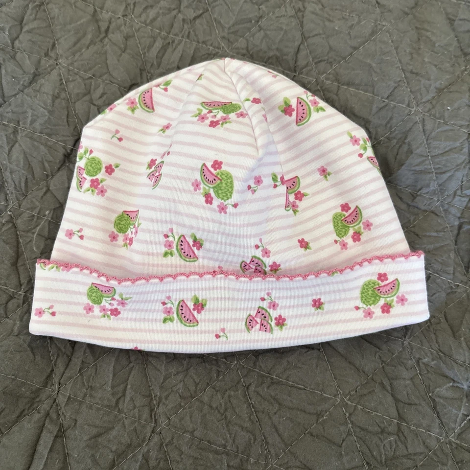 Sombrero pequeño Kissy Kissy nuevo con etiquetas Pima algodón sandía rayas ganchillo borde 0-3 3-6 meses Foto 1 de 4