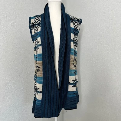 BCBGMAXAZRIA Chaleco Suéter Sin Mangas L Frente Abierto Azteca Verde azulado Tostado Crema talla L Foto 1 de 4