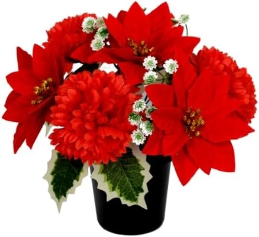 Memorial Pot With Artificial Poinsettia & Carnations Xmas Graveside Cemetery Pot - Image 1 of 1