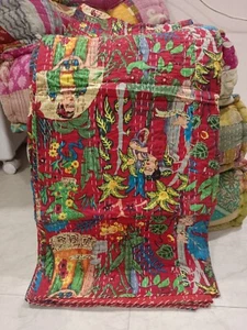 Indian Red Farida Khalo Print Twin Kantha Quilt,Blanket Cotton Bedspread Throw - Picture 1 of 10