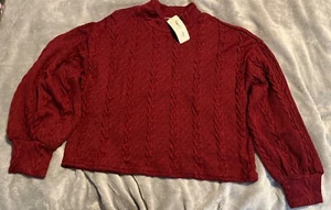 NWT -Impressions Burgundy Cable Knit Cropped Sweater with Balloon Sleeves Size L - Picture 1 of 12