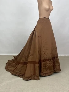 Antique 1860s Victorian Brown Silk Full Length Skirt With Bows and Train AS IS - Picture 1 of 19