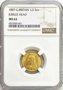1887 GOLD GREAT BRITAIN 1/2 SOVEREIGN SHIELD REVERSE COIN NGC MINT STATE 62 - Picture 1 of 2