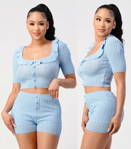 Womens Tight Knit V Neck Matching Set Lounge Casual Set Comfy Chick Vibe Outfit - Picture 1 of 4