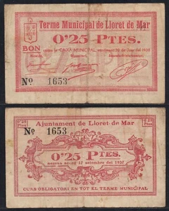 Espagne Lloret De Mar / 25 Centimes / 17 Septembre 1937 MBC Billets Loc - Picture 1 of 1