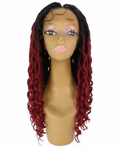 LUXLUXE Andrea 4x4 Curly Long Hand Tied Lace Braid Black to Burgundy Ombre Wig