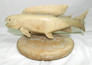 Vtg Inuit Carved Fossil Whale Bone Sculptured FISH on FOSSIL WHALE BONE DISC - Picture 1 of 18