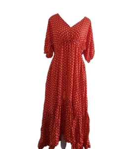 Abel The Label Midi Dress Burnt Orange Polka Dot ruffled Uneven Hem Tassel Sz M - Picture 1 of 12