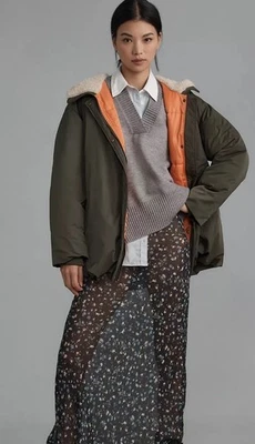 Anthropologie Pilcro Hooded Bubble Jacket Pockets Faux Fur Zip Hood Moss XL NWT - Image 1 of 4