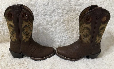 Botas de cuero vaquero Justin Kids estampadas 9D marrón oscuro crudo 2523JR punta cuadrada nuevas en caja Foto 1 de 4