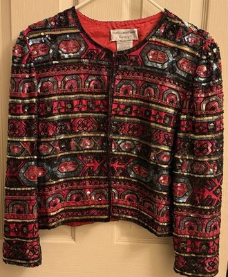 VTG Papell Boutique Evening Beaded L/S Jacket Large Red, Black, Gold Beads Silk - Image 1 of 4