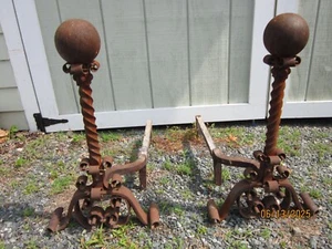 LARGE pair 24" Antique Cannonball Top Edwardian Fireplace Andirons Victorian - Picture 1 of 5