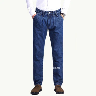 Mens Cotton Denim Jeans Pants Casual Straight Leg Trousers Pleated Front Cowboy - Image 1 of 4