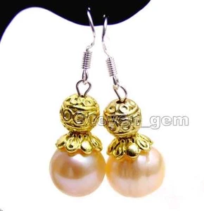 10-11mm Pink Round Natural FW pearl and 14K GP beads dangle earring Hook-ear438 - Picture 1 of 4