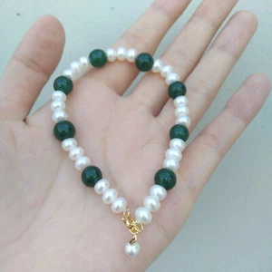 Beautiful Design AAA AKOYA White Pearl +Green Jade Bracelet 7.5-8" 14k Gold P - Picture 1 of 6