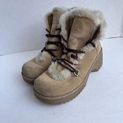 Vintage Y2K Report Suede Leather Platform Boots Womens 6.5 Faux Shearling Tan - Image 1 of 4