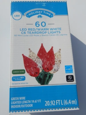 Wal-Mart Holiday Time 60 LED Red/Warm White C6 Teardrop Lights Green Wire - Image 1 of 4