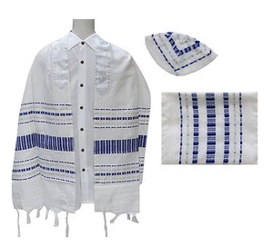 Wool Tallis Tallit White BG Silver & Royal Blue ISRAEL By Gabrieli 69 x 17" * - Picture 1 of 6