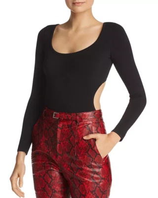 $235 Ronny Kobo Womens Black Ribbed Scoop-Neck Long-Sleeve Party Bodysuit Size L - Image 1 of 4