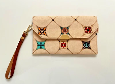 Handmade Beige Kaleidoscope Geometric Canvas Envelope Wallet Clutch 8" x 5" - Image 1 of 4