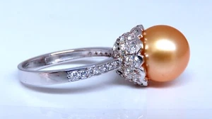 10.3mm Natural Golden South Seas Pearl Diamonds Rings 14kt - Picture 1 of 5