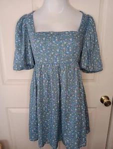 NWT Altar’d State Mini Dress Medium Blue Floral Cottagecore Puff Sleeve - Picture 1 of 8