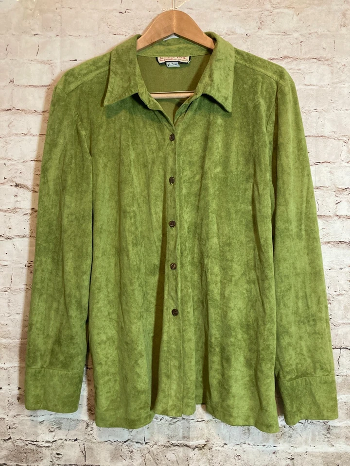Jamaica Bay Top Womens XL Pea Green Microsuede Button Up Long Sleeve Stretch - Image 1 of 4