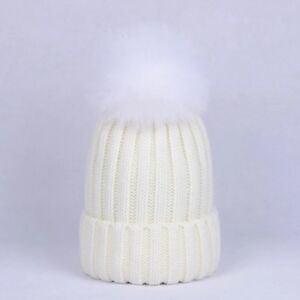 With Real 13cm 5 " Fox Fur Ball Knitted Beanie Ski Cap Winter Warm Hat