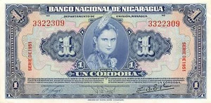 Nicaragua  1  Cordoba  Series of 1951  P 91b  Circulated Banknote - Picture 1 of 2