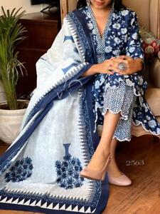 Indian Women Designer Cotton Fabric Straight 3 Piece Salwar Set Printed Dress.