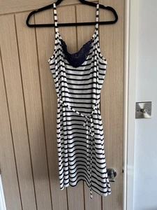 M&S Navy & White Stripe Cami Summer Dress Embroidered Panel Size 16 Women - Picture 1 of 10