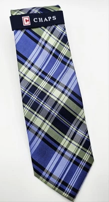 Chaps Men's Neck Tie Classic Green & Blue Plaid 100% Silk 57" L NWT $36.00 MSRP - Image 1 of 4