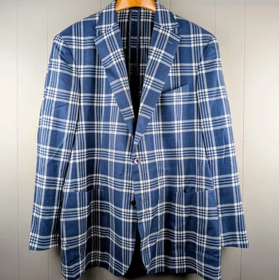 élevée Bespoke Navy Blue White Large Plaid Heavy Flannel Sport Coat Blazer 48 L - Image 1 of 4