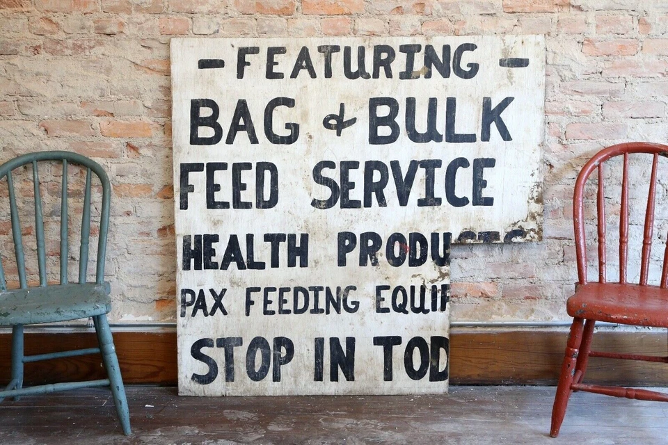 Vintage Feed Seed Farm sign hardware General store Cattle Hogs Farmhouse White - Image 1 of 4