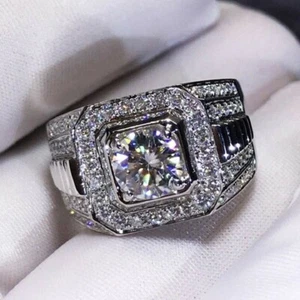 3 Ct Round Lab Created White Diamond Wedding Ring Men's 14K White Gold Finish - Picture 1 of 6