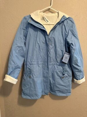 Izod Women's Reversible Blue & White Hooded Plaid Jacket Size Extra Small - Image 1 of 4