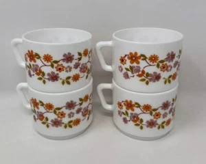 Vintage Arcopal France White Milk Glass Floral Cups Coffee Mugs Set Of 4 - Picture 1 of 12