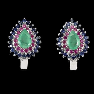 925 Sterling Silver Earrings Pear Emerald 6x4mm Ruby Sapphire Gemstone Jewelry - Picture 1 of 14