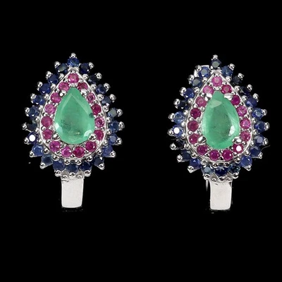 925 Sterling Silver Earrings Pear Emerald 6x4mm Ruby Sapphire Gemstone Jewelry - Image 1 of 4