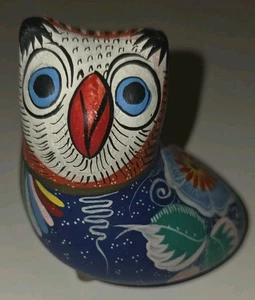 Vtg 4" Mexican Pottery Owl Figurine Hand Painted Folk Art Blue Flowers Signed - Picture 1 of 15