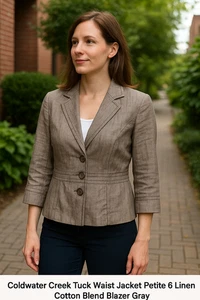 Coldwater Creek Tuck Waist Jacket Petite 6 Linen Cotton Blend Blazer Gray NWT - Picture 1 of 8