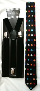 Multiple Colored Stars 2" Necktie and Black 1" Adjustable Y-Back Suspenders Set - Picture 1 of 1