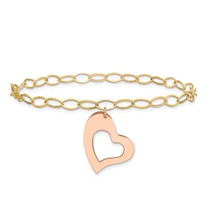 14K Yellow Gold Rose Pink Heart Love Dangling Chain Charm Bracelet - Picture 1 of 18