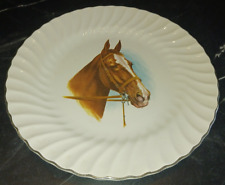 Vintage 10" Horse Equestrian Plate Swirled Edge Platinum Rim Brown White Stripe